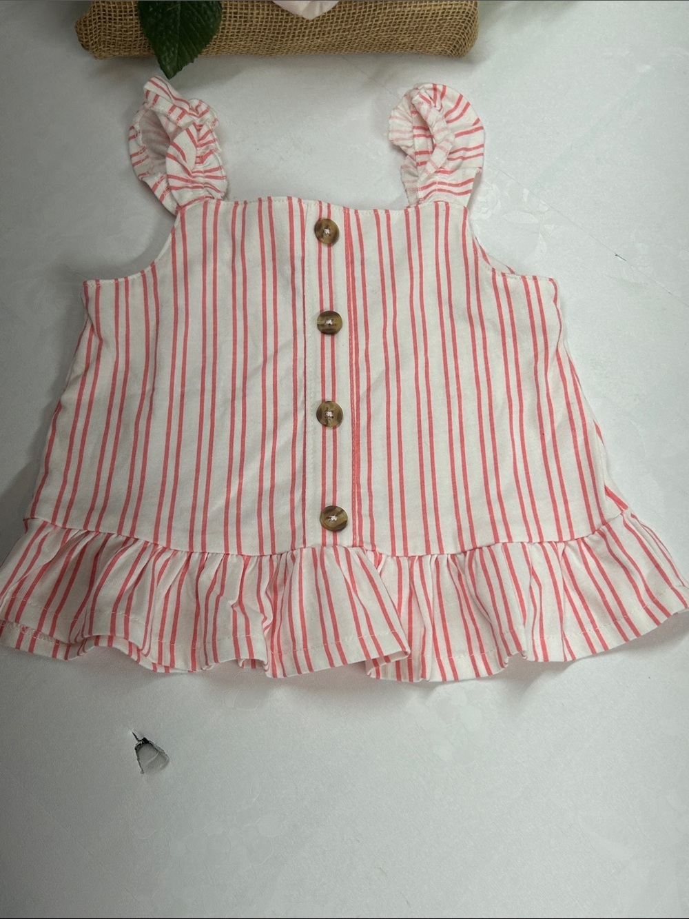 Girls' Sleeveless Ruffle Button-Front Top - White with Coral Stripes